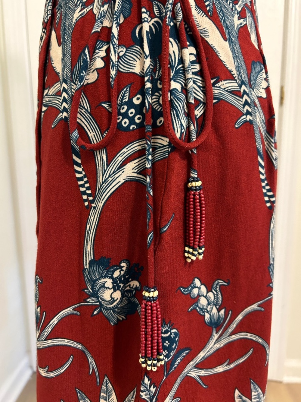 Farm Rio Tropical Landing Red Wrap Mini Dress NWT Size Small Beaded Tassels - Picture 10 of 16